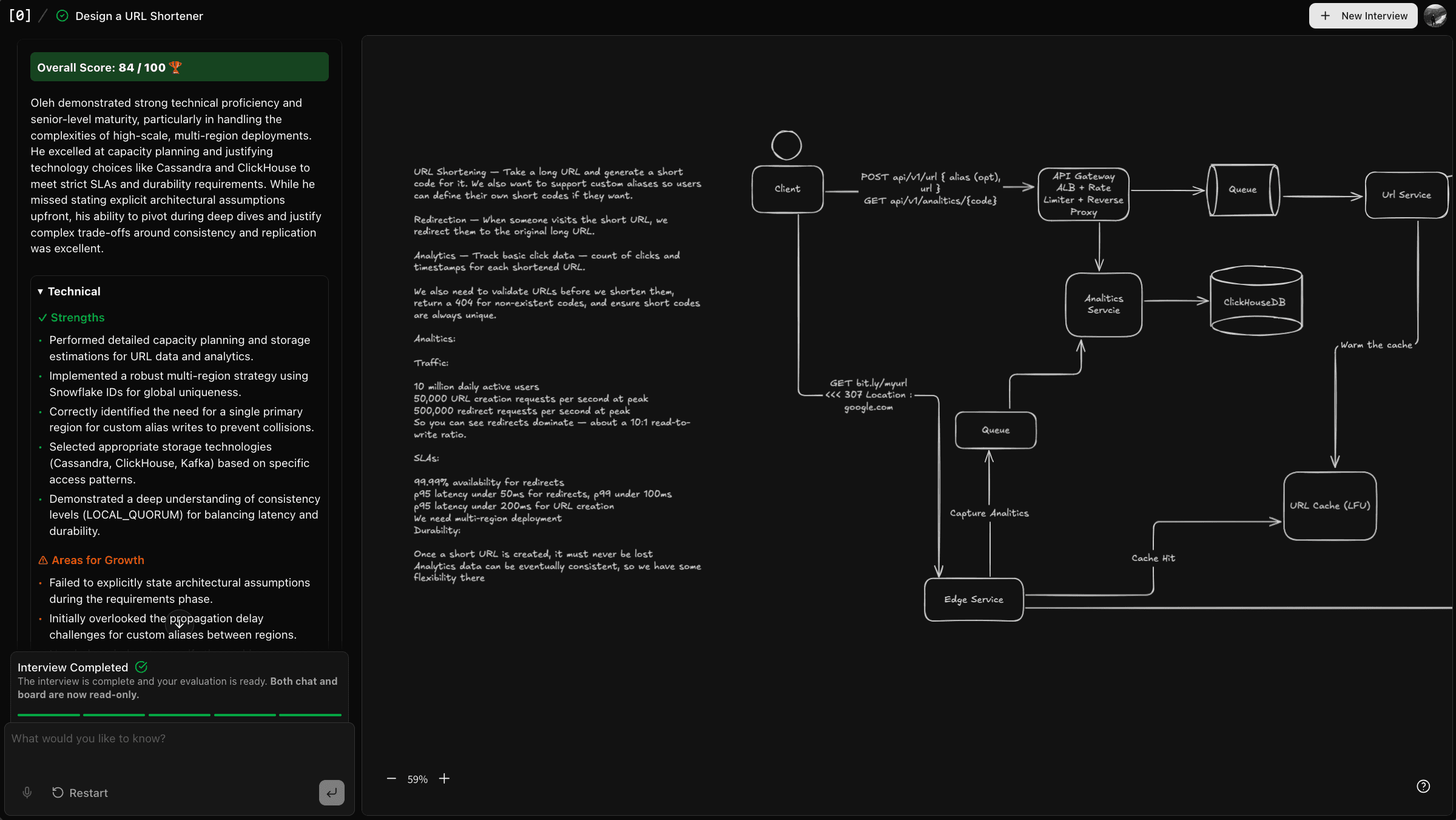 prep[0] system design interview feedback interface showing detailed evaluation