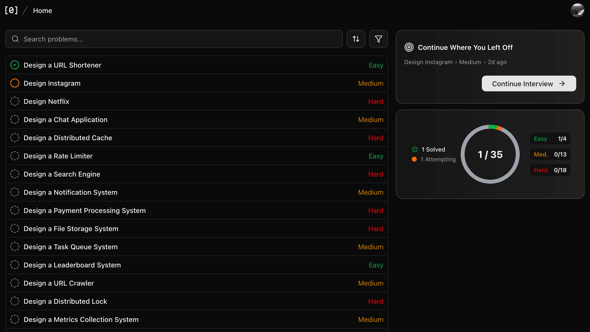 List of system design interview problems including URL shortener, Instagram feed, and distributed cache