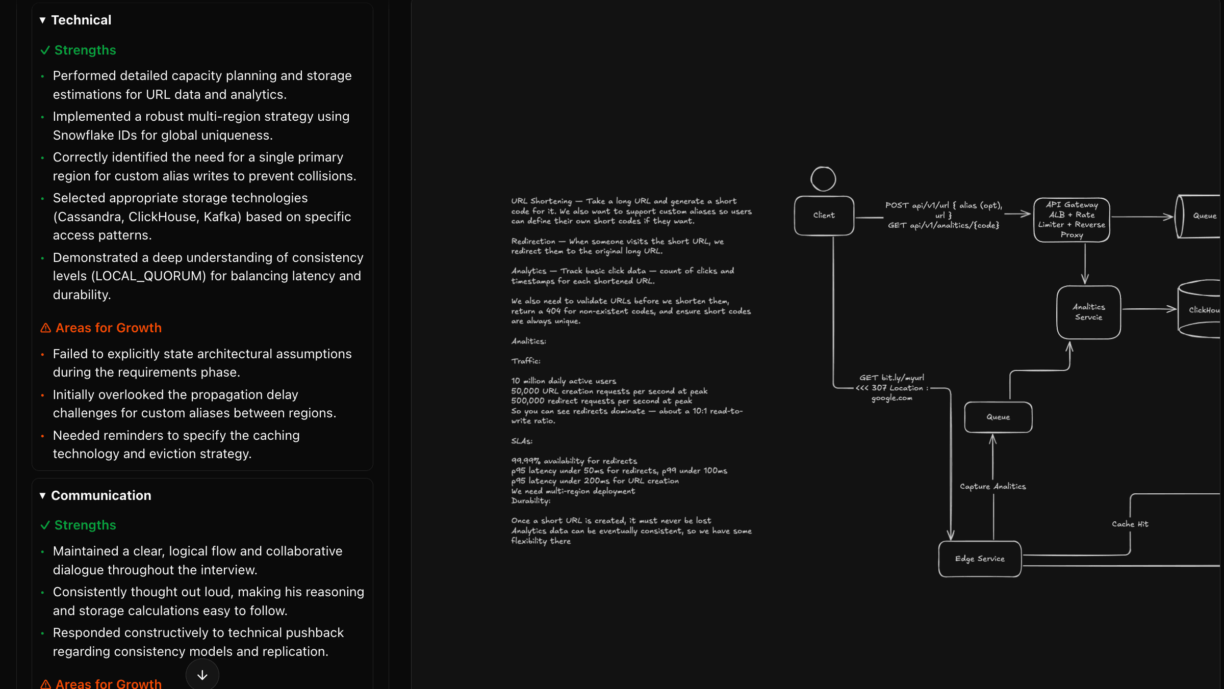 Detailed interview feedback showing technical score, strengths, and specific areas for improvement